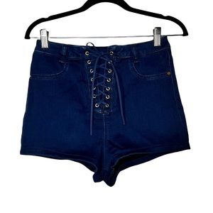 Missguided Lace up Dark Blue Denim High Waisted Shorts Size 8 New